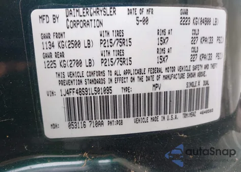 2001 Jeep Cherokee Sport из США, поврежденный, VIN 1J4FF48S91L501095